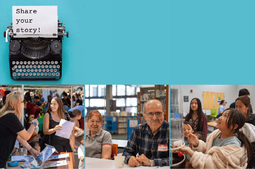 Collage of people of different ages using library services. A typewriter image includes the text, “Share your story!”