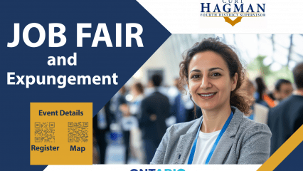 Job Fair and Expungement event with QR codes to register and view map, logos of Curt Hagman and Ontario Airport, woman smiling on blue-gold background.