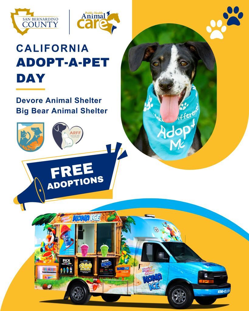 Promotional graphic for California Adopt-a-Pet Day featuring dog, logos for San Bernardino County Animal Care and partner organizations, and a Kona Ice truck.
