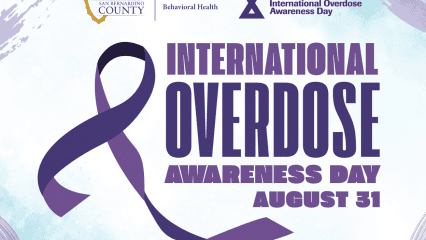 International Overdose Awareness Day graphic with a purple ribbon and San Bernardino County Behavioral Health branding.