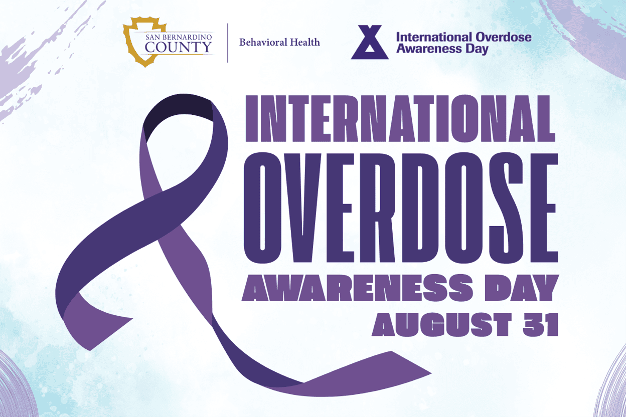 International Overdose Awareness Day graphic with a purple ribbon and San Bernardino County Behavioral Health branding.