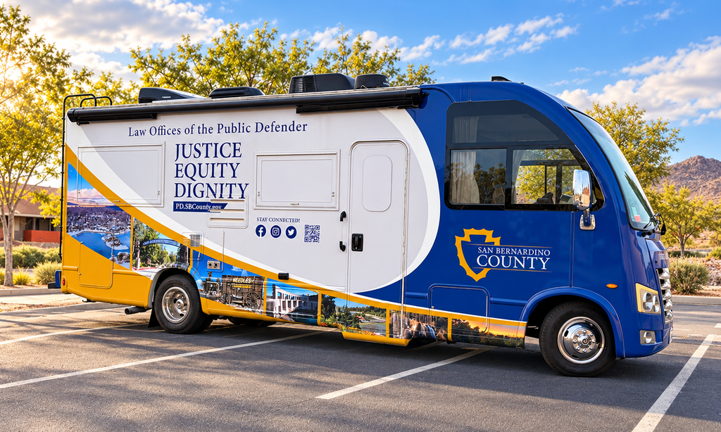 San Bernardino County Public Defender Mobile Defense RV ready to provide legal services in the community.