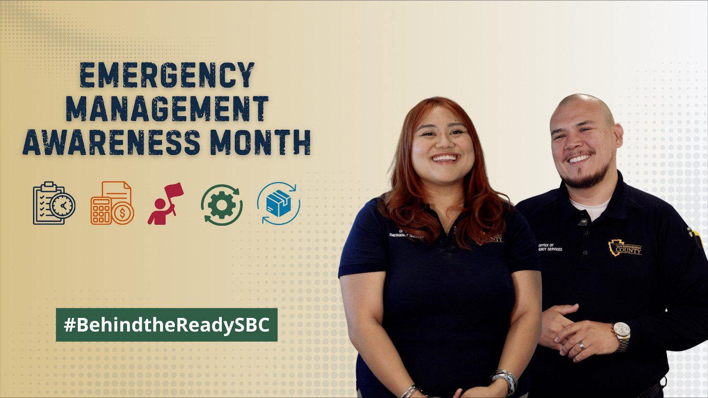 Emergency Management Month graphic with two SBC OES members, preparedness icons, and #BehindTheReadySBC.