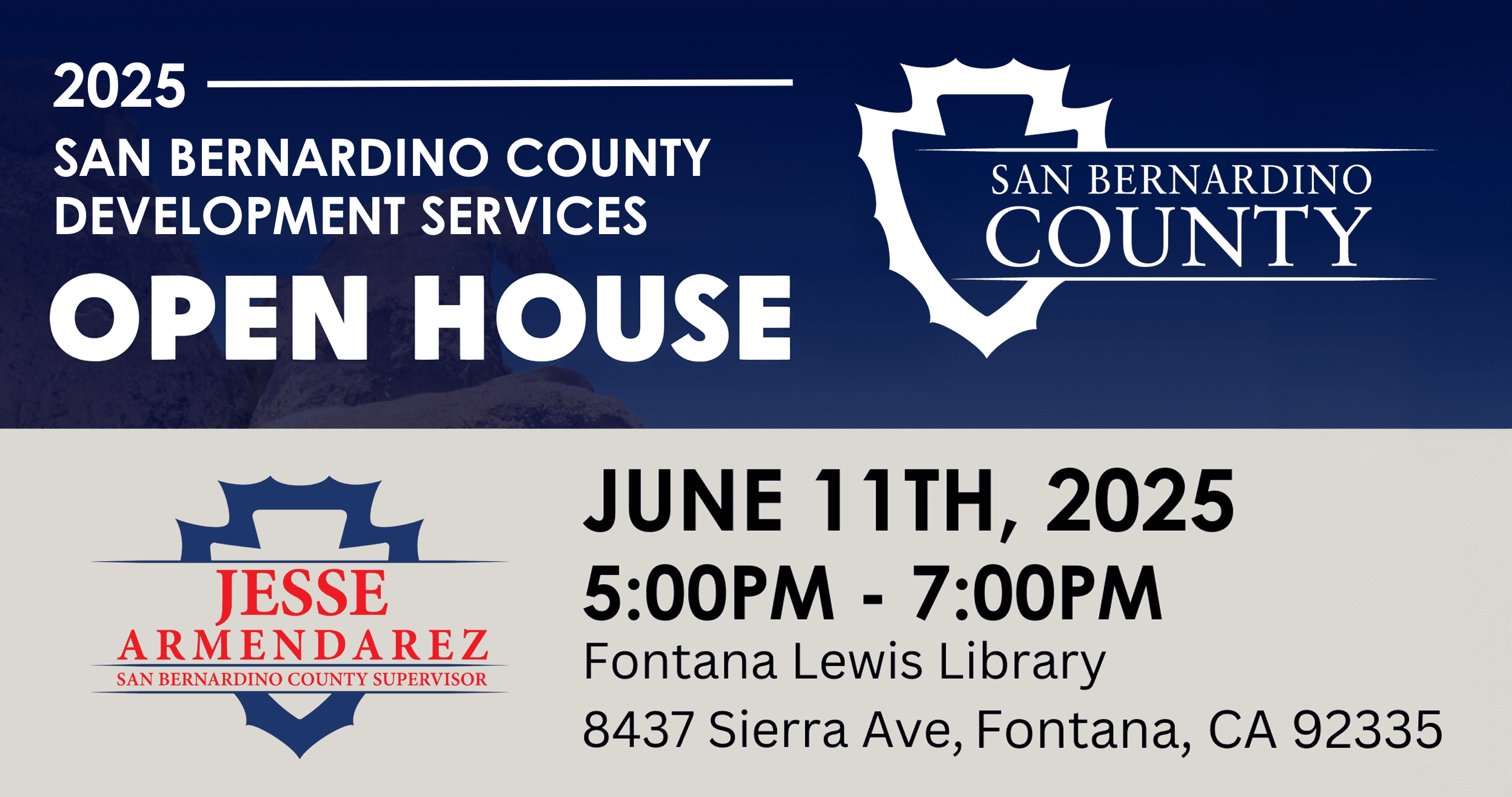 Flyer for San Bernardino County Development Services Open House on June 11, 2025, from 5–7 p.m. at Fontana Lewis Library, 8437 Sierra Ave.