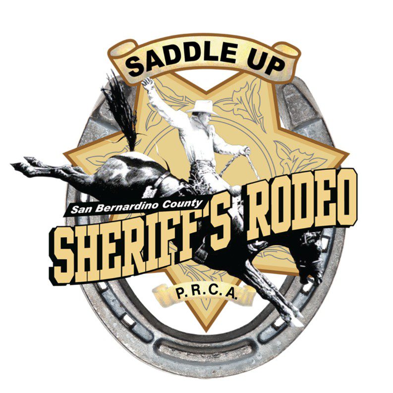 San Bernardino County Sheriff’s Rodeo logo featuring a cowboy riding a bucking horse over a sheriff’s star and horseshoe.