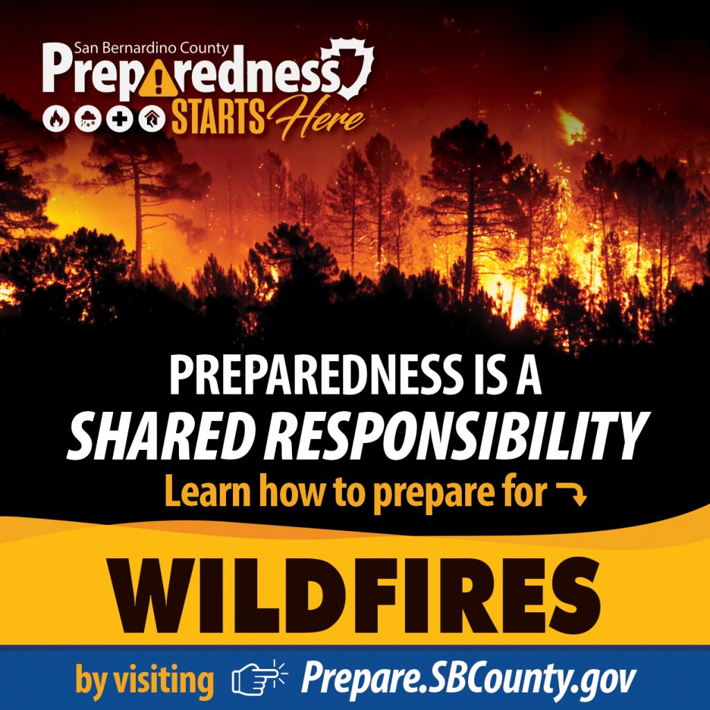 Wildfire burns through forest; San Bernardino County urges shared responsibility in wildfire preparedness.