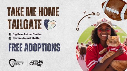Flyer for Take Me Home Tailgate, Sept. 20, 11 a.m.–2 p.m. at Devore and Big Bear Shelters. Free pet adoptions and activities.
