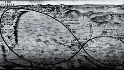 Vintage map illustration of Southern California showing a kite shaped track connecting cities including Los Angeles, Riverside and Redlands.