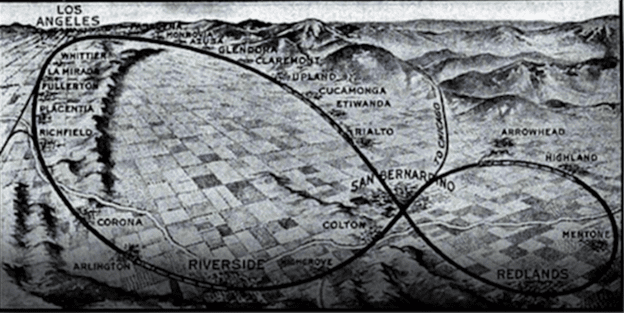 Vintage map illustration of Southern California showing a kite shaped track connecting cities including Los Angeles, Riverside and Redlands.