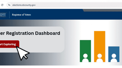 elections.sbcounty.gov website with voter registration dashboard graphic.
